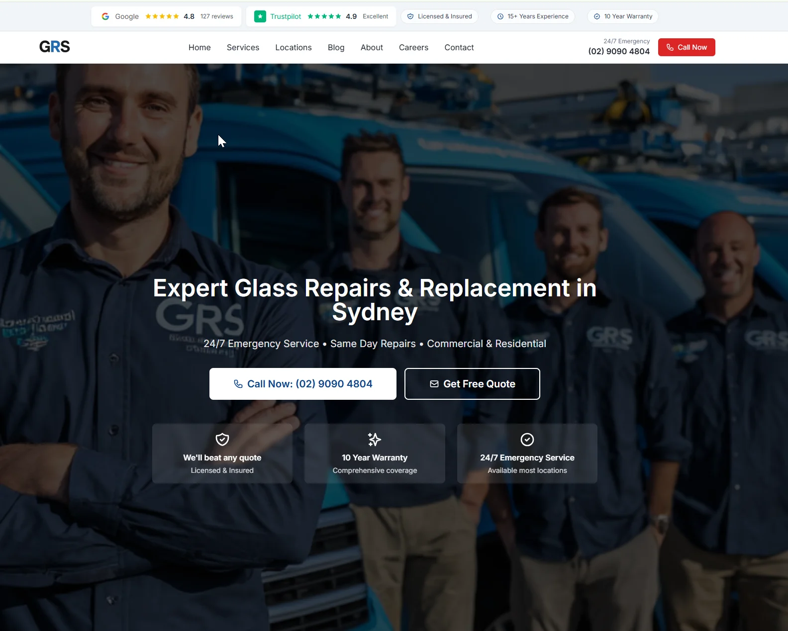Screenshot of Glass Replacement Sydney website homepage