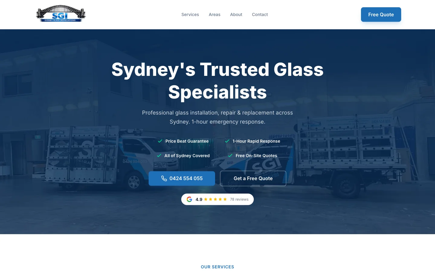 Sydney Glass Installations website homepage
