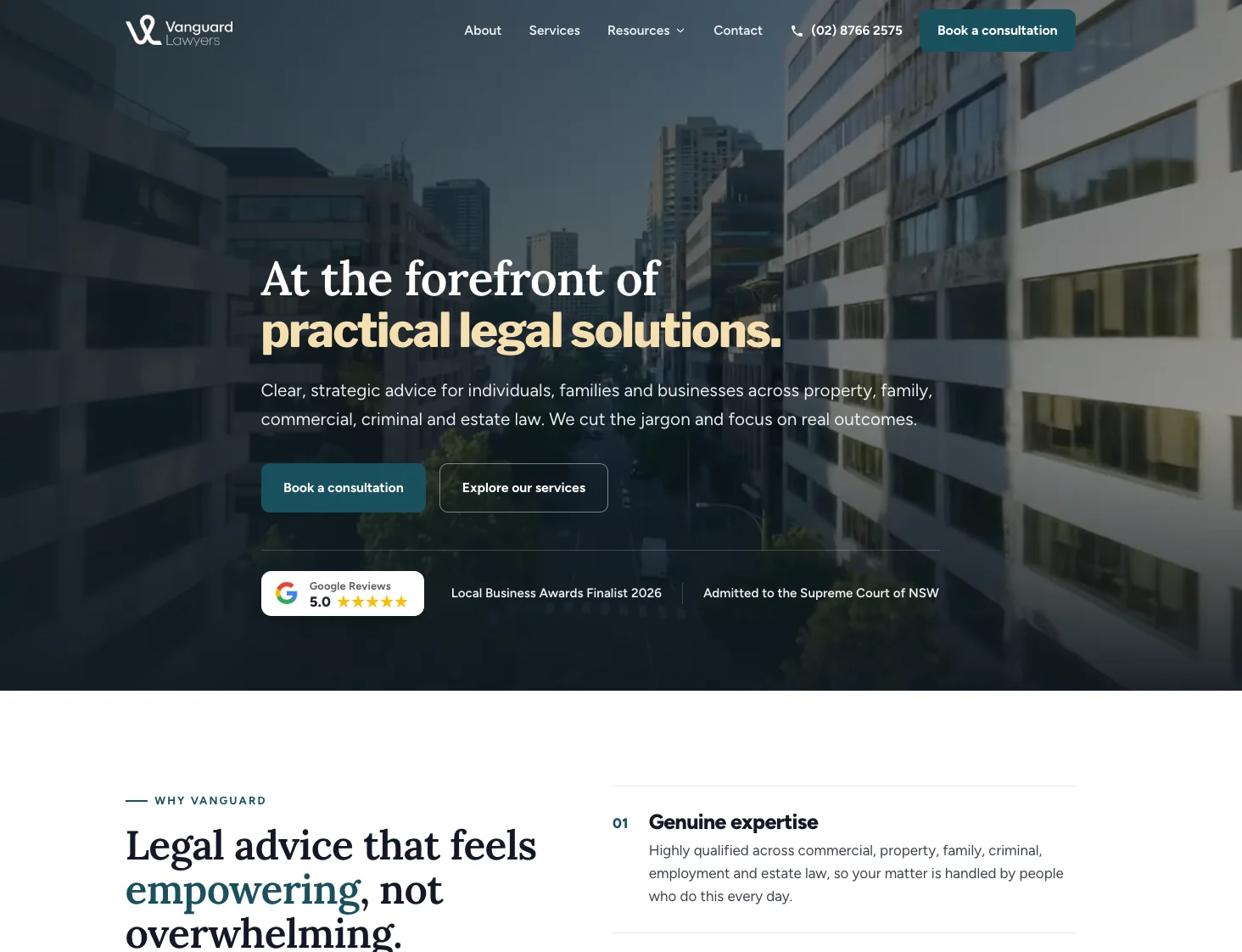 Screenshot of Vanguard Lawyers website homepage