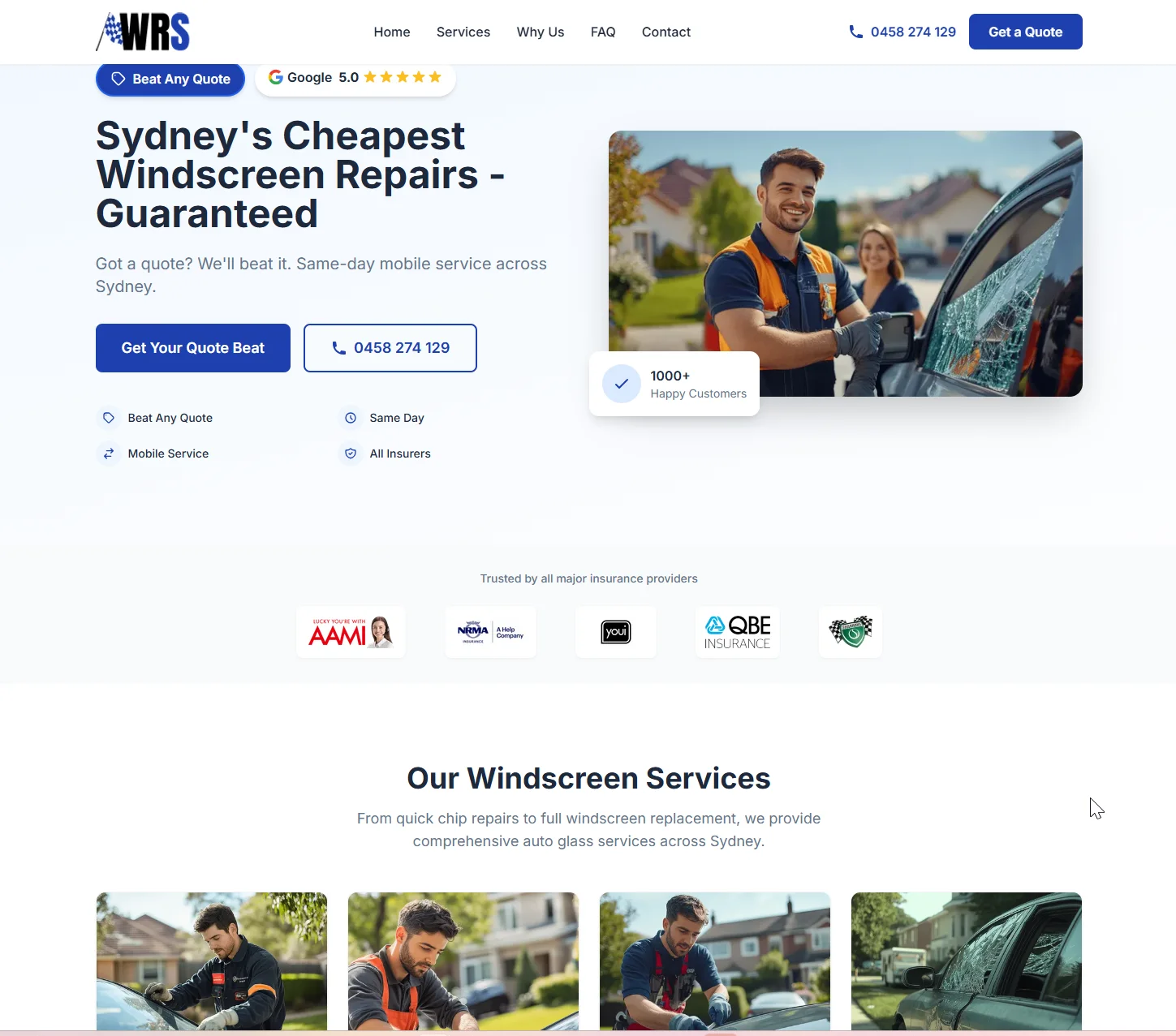 Screenshot of Windscreen Repair Sydney website homepage